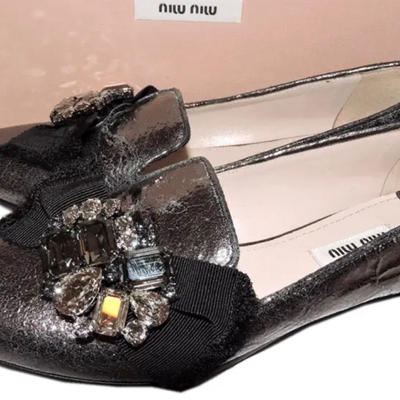 Miu Miu Shoes - MIU MIU cracked leather crystal embellished loafers.